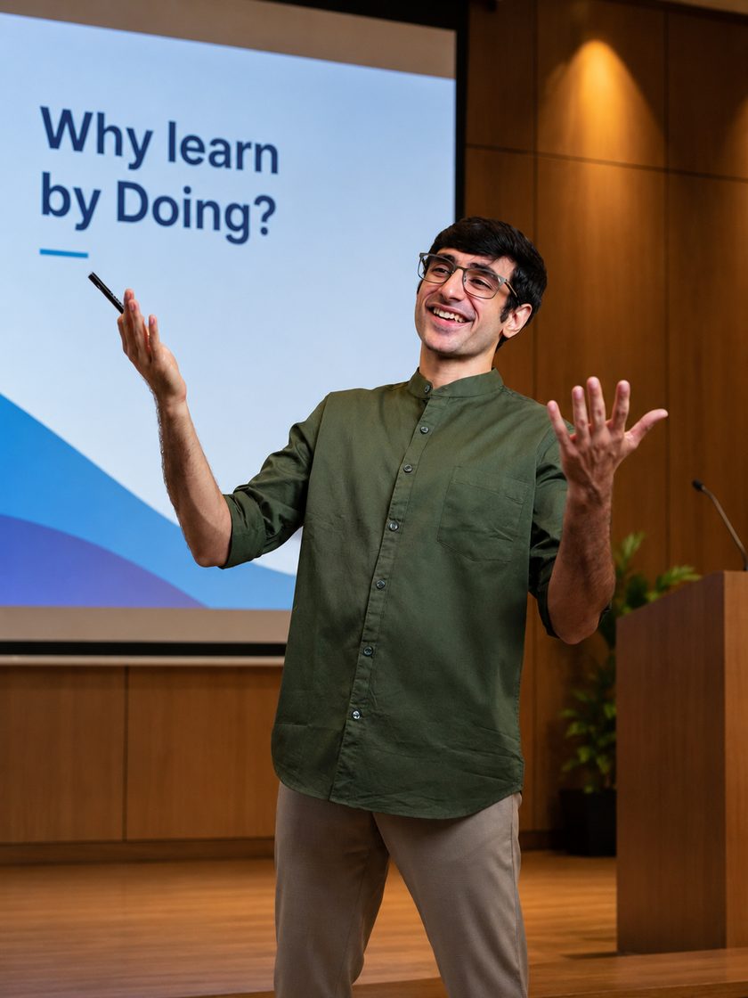 Smayan presenting a slide titled Why learn by Doing