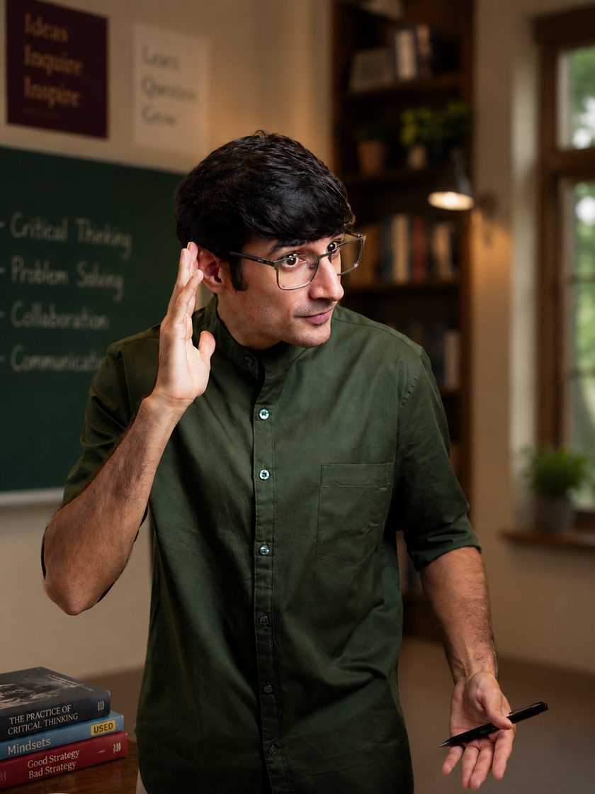 Smayan in a classroom, hand cupped to his ear