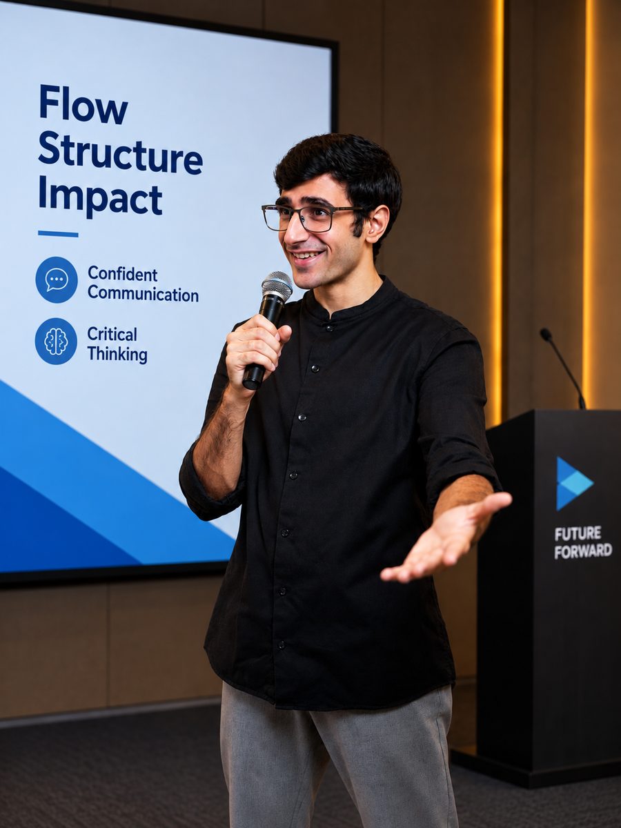 Smayan Sahni speaking on stage beside a slide reading Flow, Structure, Impact